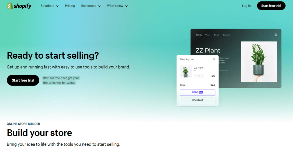A screenshot of the Shopify start page.