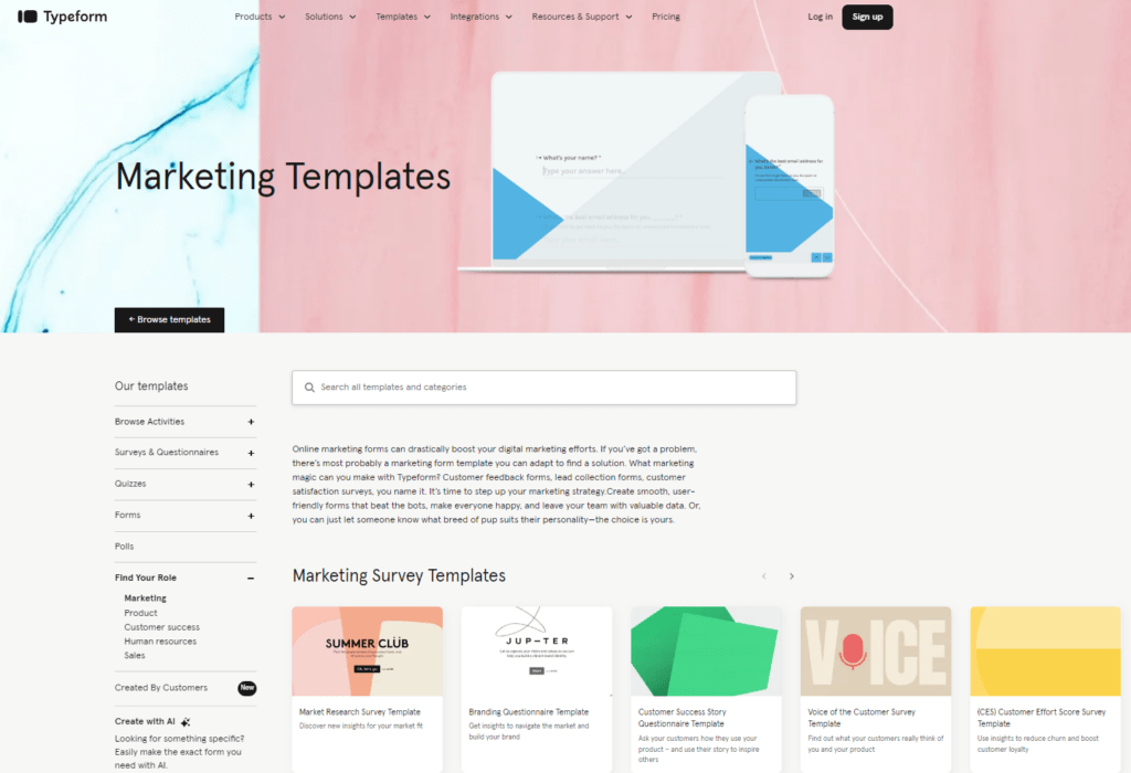 A screenshot of the TypeForm marketing templates page on the company website.