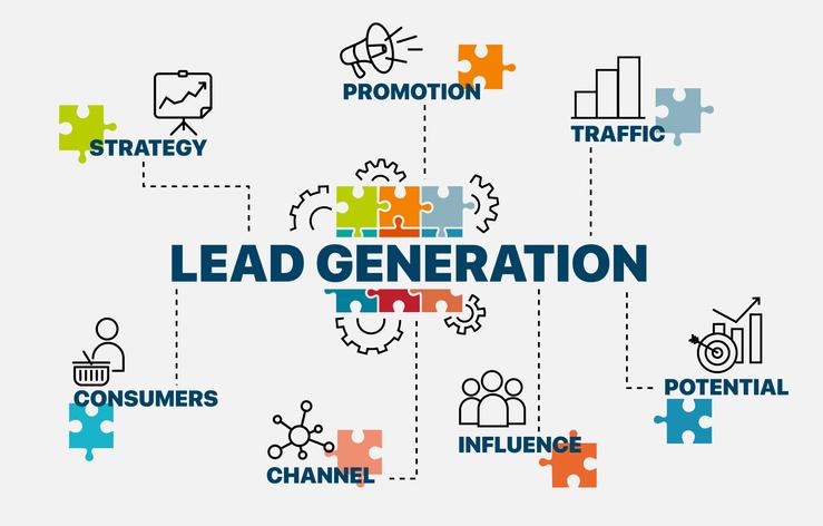 An infographic of puzzle pieces interconnected around the central theme 'Lead Generation.'