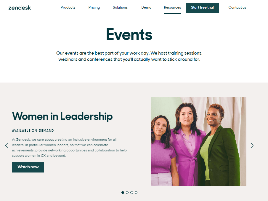 A screenshot of the Zendesk events page from the official website.
