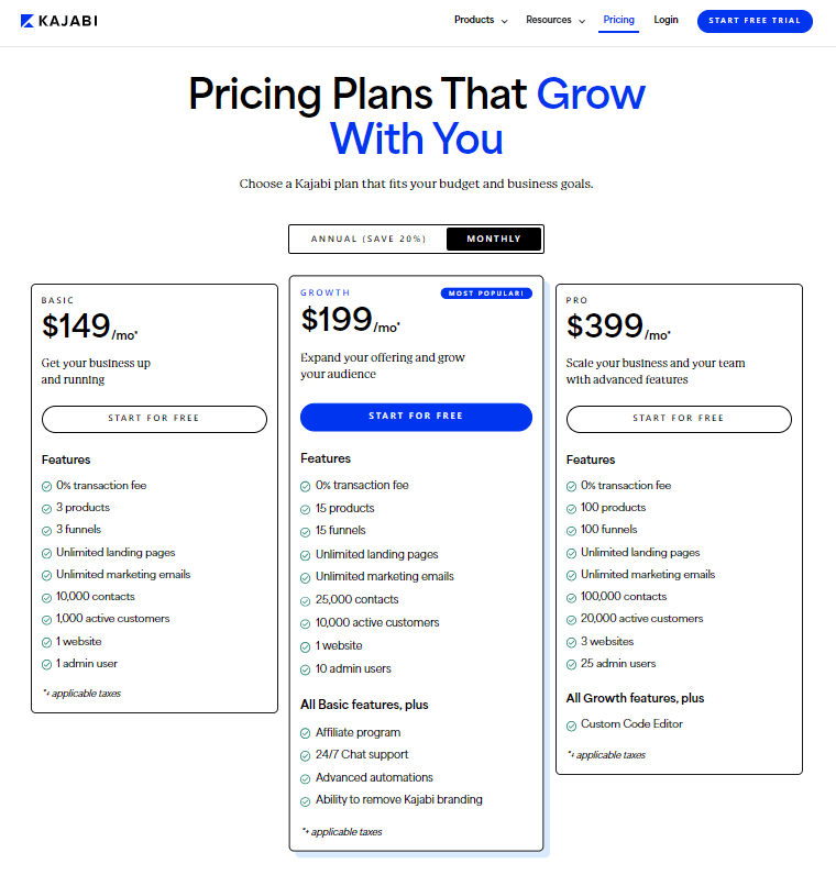 A screenshot from the Kajabi SaaS website showing their pricing landing page.