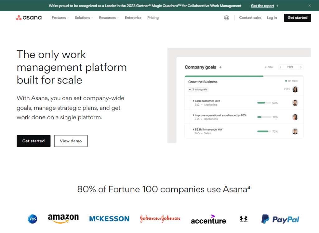 Screenshot of the Asana product page.
