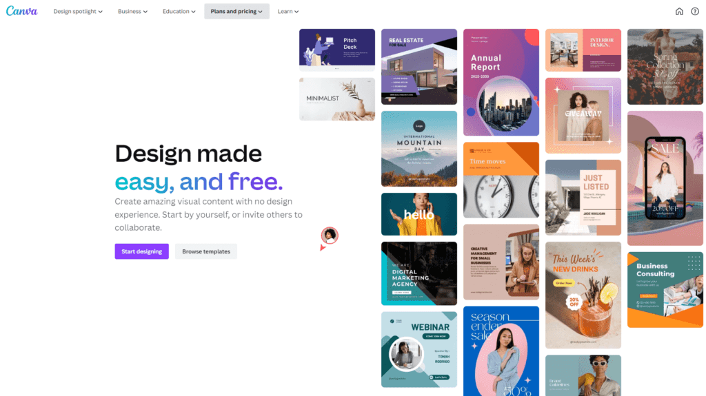 A screenshot of the Canva free page from the SaaS website.