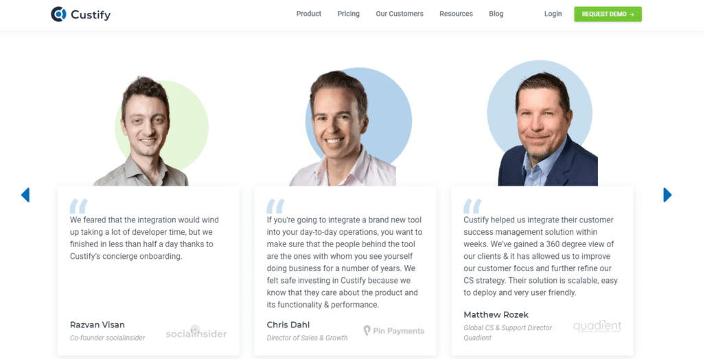 Screenshot from Custify website showing some of their client testimonials with headshots and direct quotes.