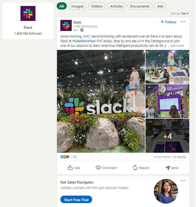 creenshot from Slack’s LinkedIn page showing a recent post from a New York event and details of their 1.4 million followers.