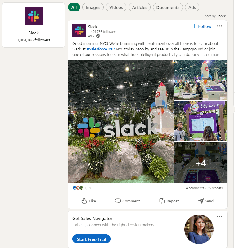 Ein Screenshot von der LinkedIn-Seite von Slack zeigt einen aktuellen Beitrag von einer Veranstaltung in New York und Details zu den 1,4 Millionen Followern des Unternehmens.