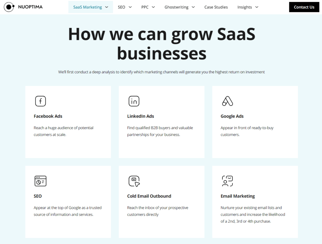 Screenshot from the NUOPTIMA website showing the key ways the growth agency can support SaaS businesses.