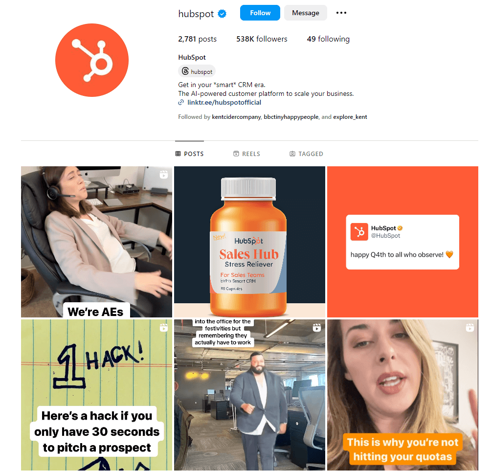 Screenshot from HubSpot’s Instagram page showing some posts and details of their 538k followers.