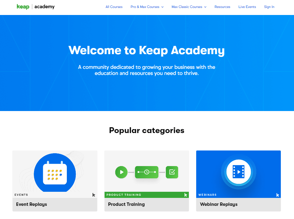 A screenshot of the academy page created by SaaS provider Keap.