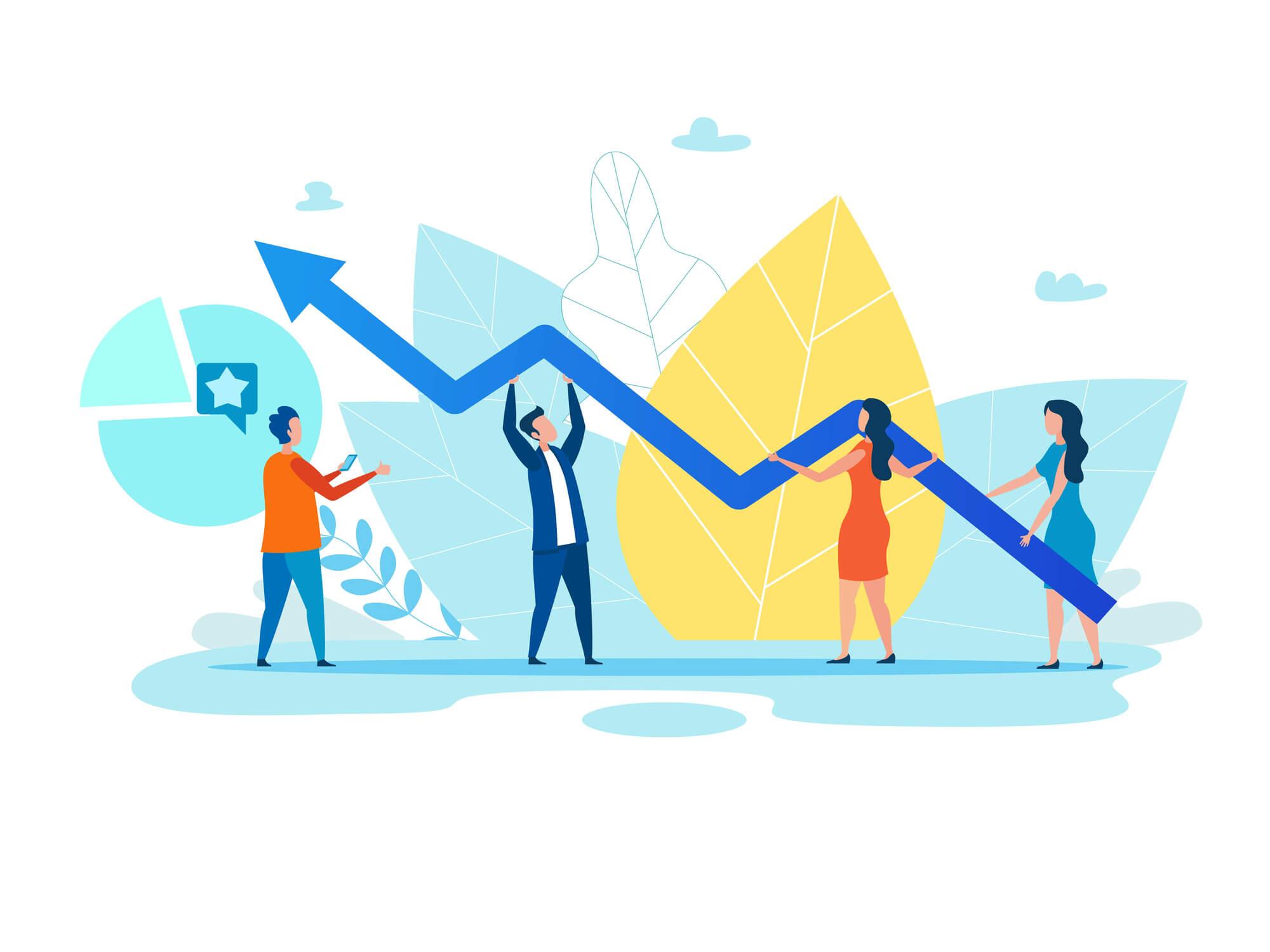 A person reaching a peak on a graph curve, with another person assisting by pushing, symbolizing teamwork in achieving success.