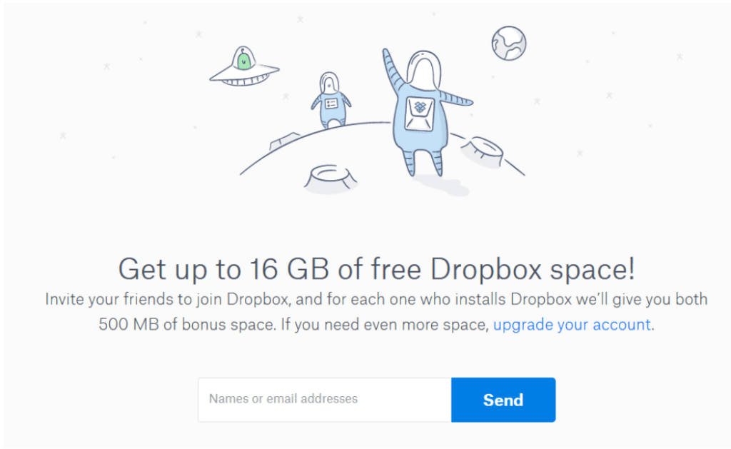 A promotional graphic for Dropbox offering up to 16 GB of free storage space for referring friends and a call-to-action to input contact details for sharing.
