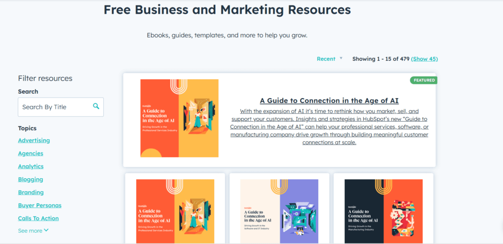 HubSpot’s "Free Business and Marketing Resources" webpage designed as a resource hub offering ebooks, guides, templates, and more to help businesses grow. 