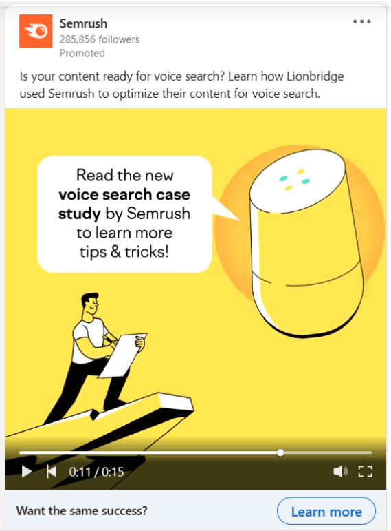 A screenshot of a social media post by Semrush, promoting a voice search case study, encouraging readers to learn more about optimizing content for voice search with a "Learn more" call-to-action button.