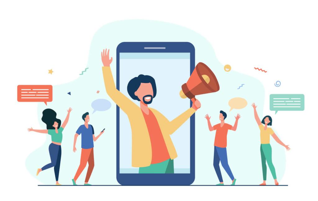 A vibrant illustration of a man with a megaphone emerging from a smartphone, symbolizing influencer marketing, surrounded by smaller figures engaging with various speech bubbles.