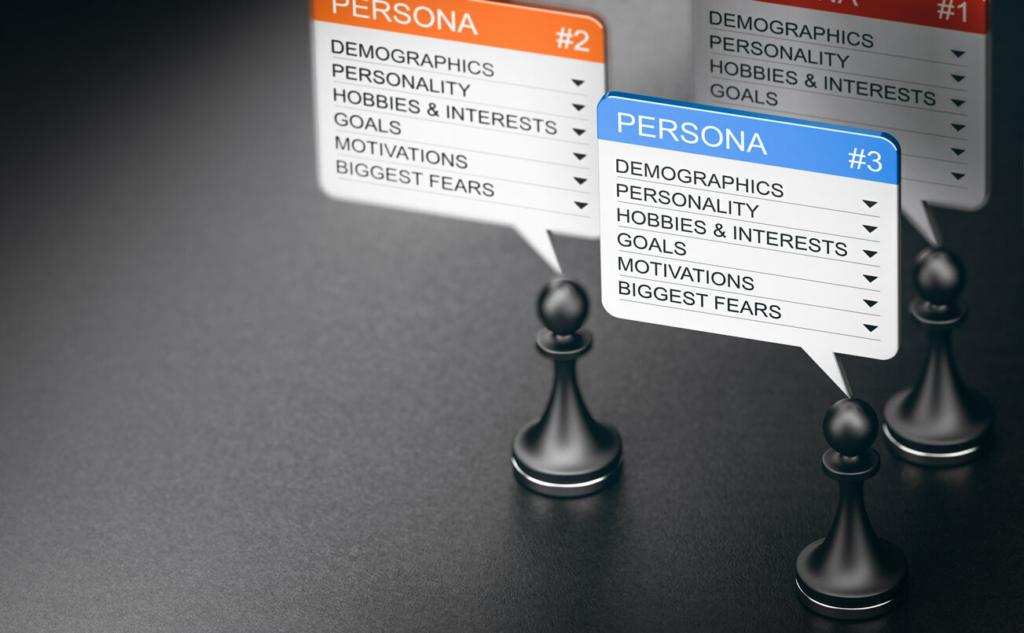 Chess pieces on a dark background are linked to floating labels detailing customer persona attributes, illustrating the segmentation strategy in target marketing.