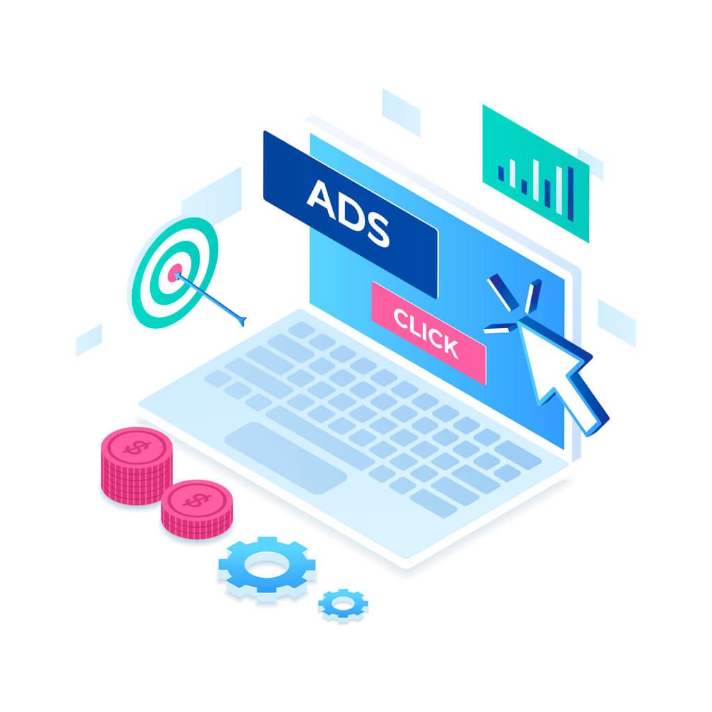 An isometric illustration depicts a laptop with the screen displaying the word "ADS" in bold letters and a cursor clicking on a "CLICK" button. 