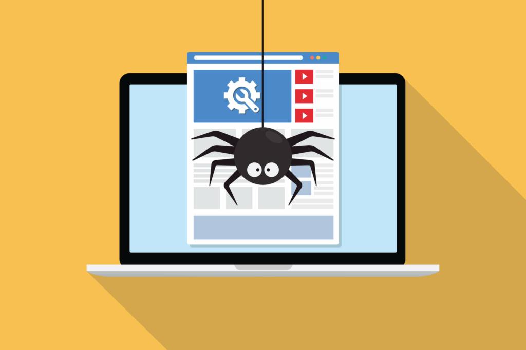 The image depicts an illustration of a laptop that has a spider hanging from the top, indicating Google’s crawlers in action.