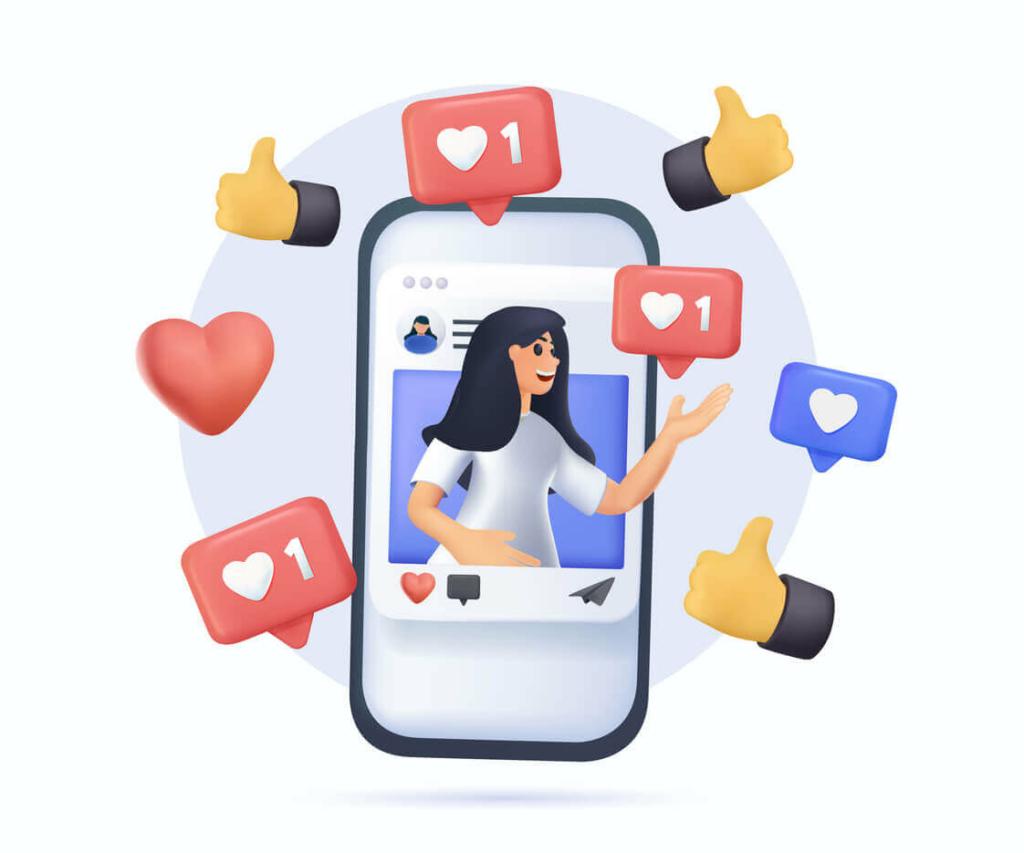 Illustration of a phone showing a social media post of a woman surrounded by heart and thumbs-up emojis.