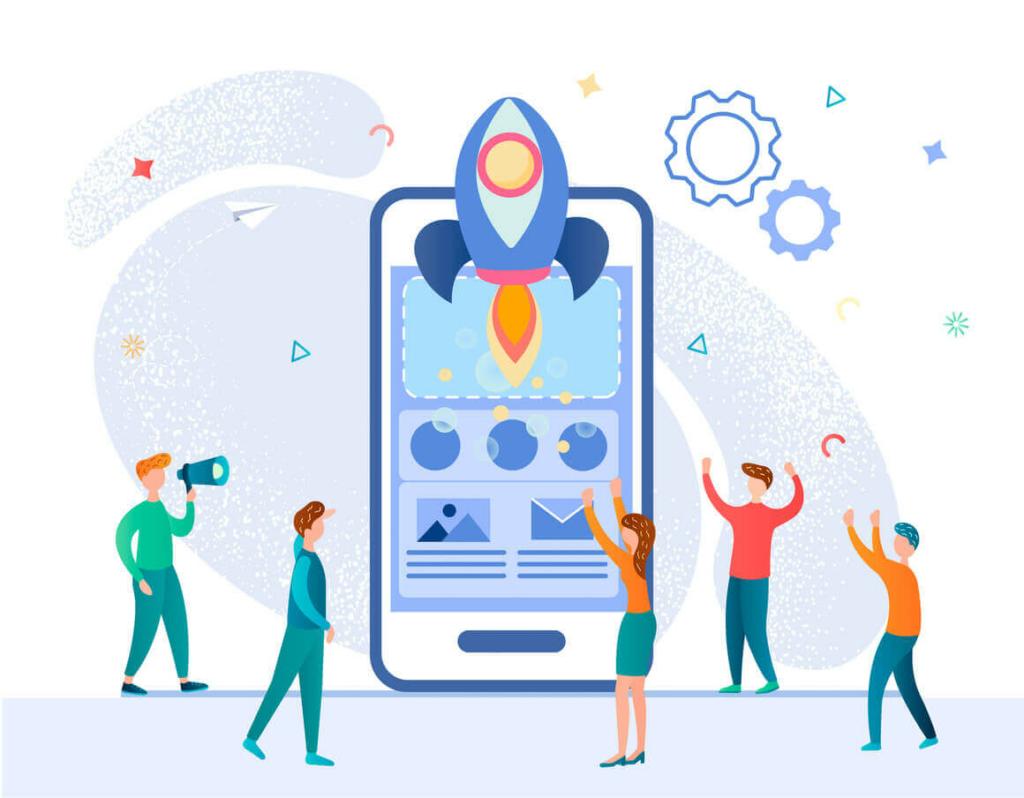 Image showing a group of people facing a huge mobile phone with a rocket launching out of it, denoting an app launch in social media app marketing.