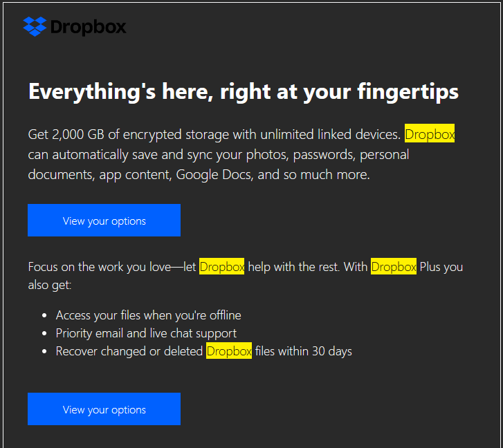 Ein Beispiel dafür, wie Dropbox Premium-Funktionen und -Vorteile bewirbt, um Upsells über E-Mail-Marketing zu steigern.