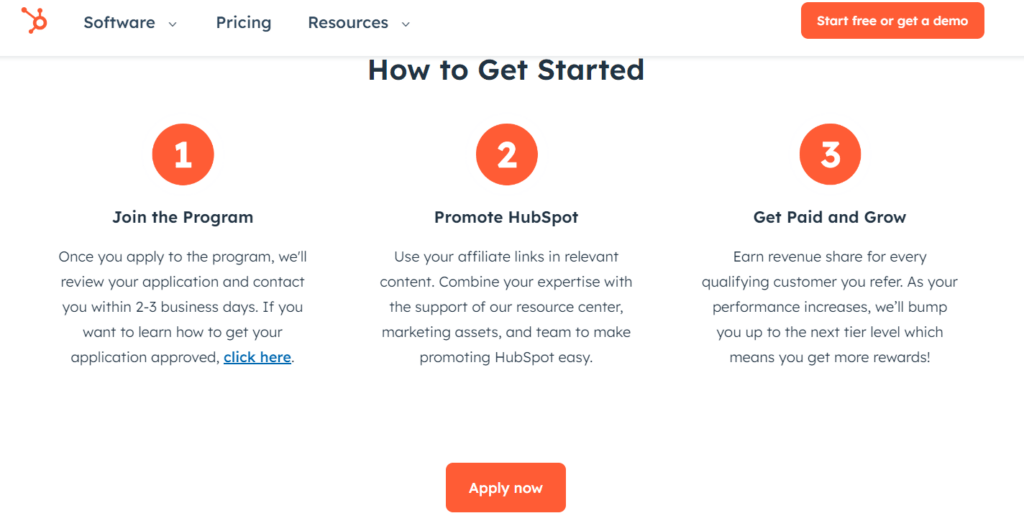 Hubspots sign-up page for the affiliate program
