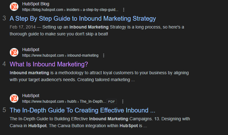 Ein Beispiel dafür, wie Hubspot die SERPs dominiert, indem es ähnliche Inhalte für verschiedene Phasen der Buyer Journey schreibt.