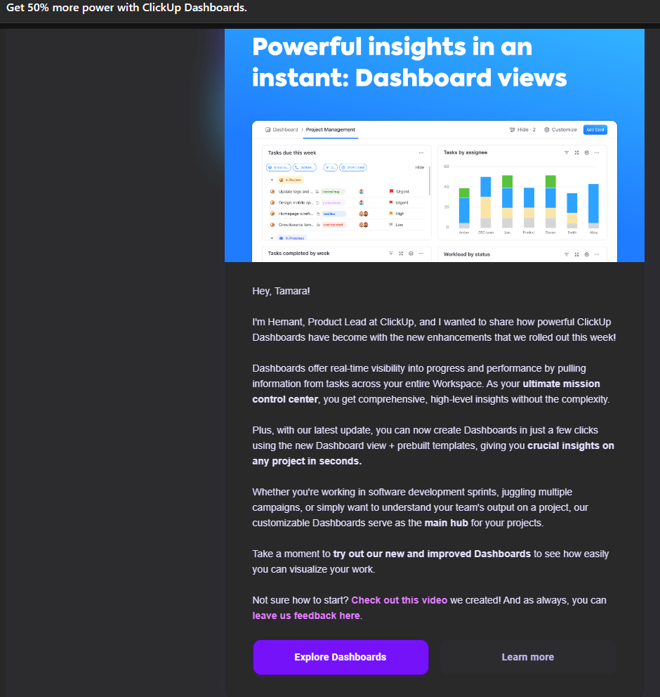 an example of how ClickUp manages the extension stage of customer journey.