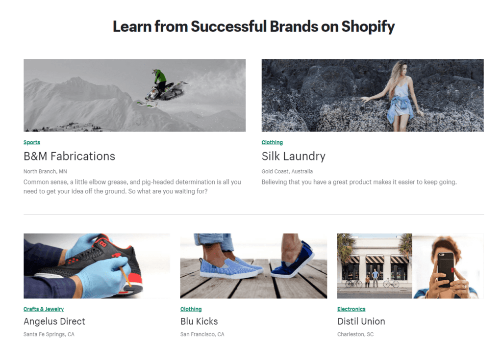 Ein Beispiel dafür, wie Shopify Erfolgsgeschichten nutzt, um neue Kunden zu gewinnen. 