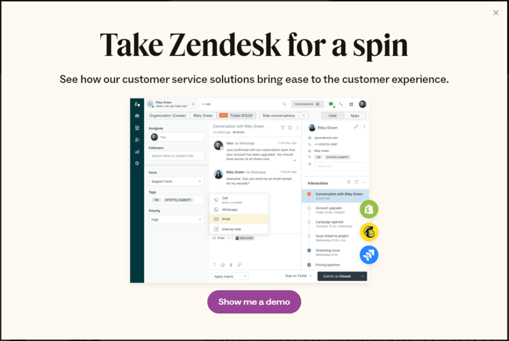 Zendesk utilizes popup to encourage visitors to take a product demo.