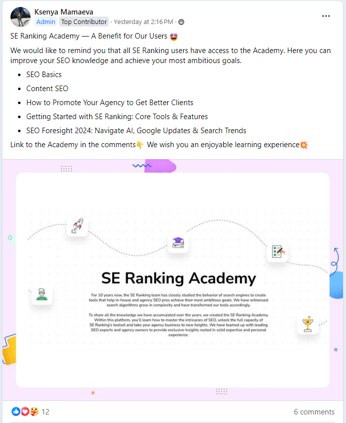 a screenshot of SE Ranking’s Facebook community