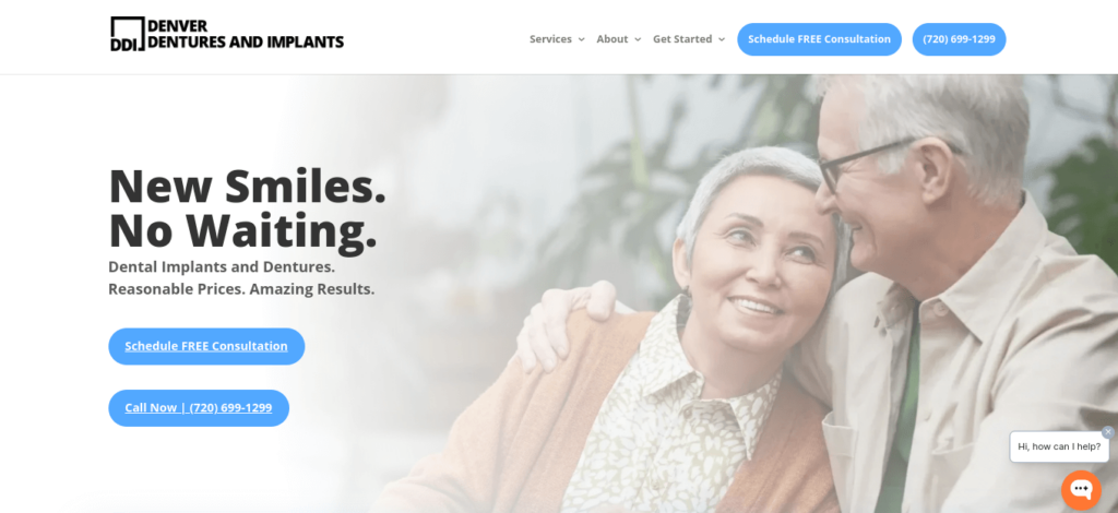 A screenshot of the website homepage of Denver Dentures and Implants.