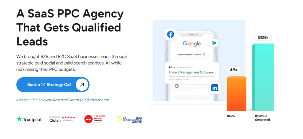 صفحة الويب الخاصة بوكالة SaaS PPC التي تروّج لخدمات تعزيز ميزانيات الدفع لكل نقرة (PPC) في قطاعي B2B وB2C.