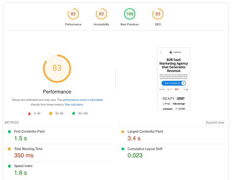 Page Speed Insights mobile test speed Nuoptima 