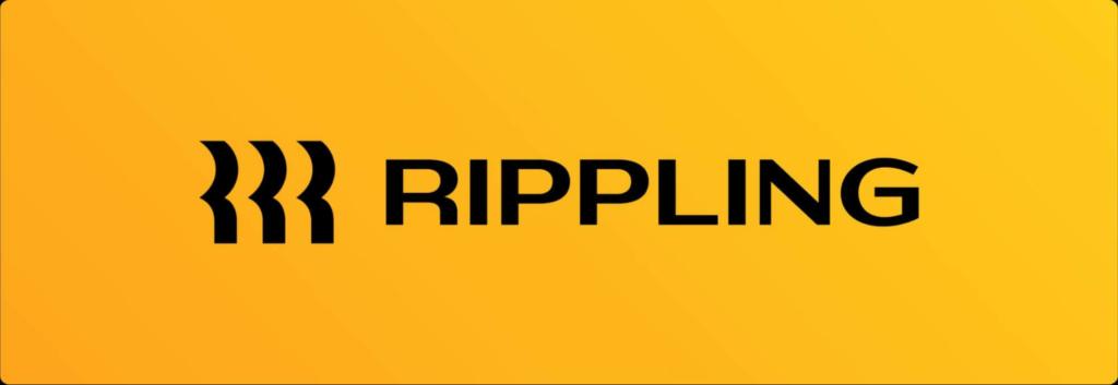 Eine Abbildung eines orangefarbenen Hintergrunds mit dem Rippling-Logo und dem Wort "Rippling".