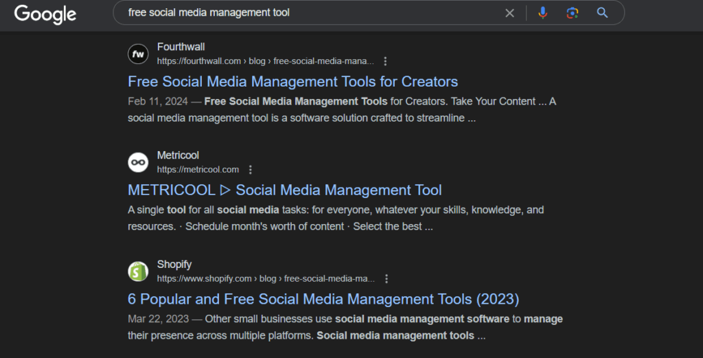 Source: SERP for free social media management tool