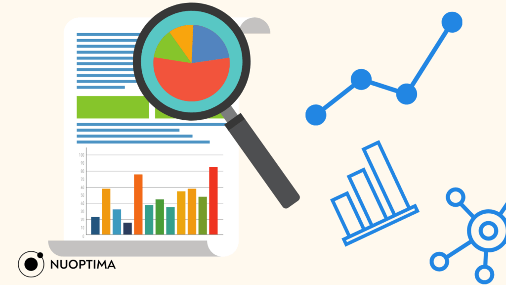 The image shows data analysis elements. On the left, a document with bar and pie charts is highlighted by a magnifying glass. On the right, icons depict line graphs, bar graphs, and network connections.