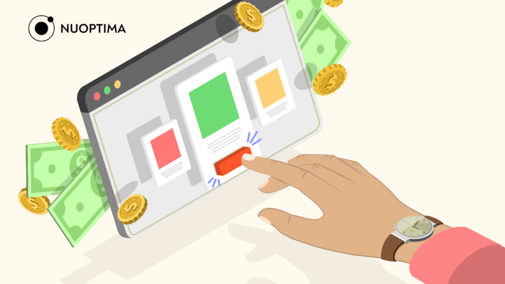 Illustration of a hand clicking a button on a tablet screen with floating money and coins around it.