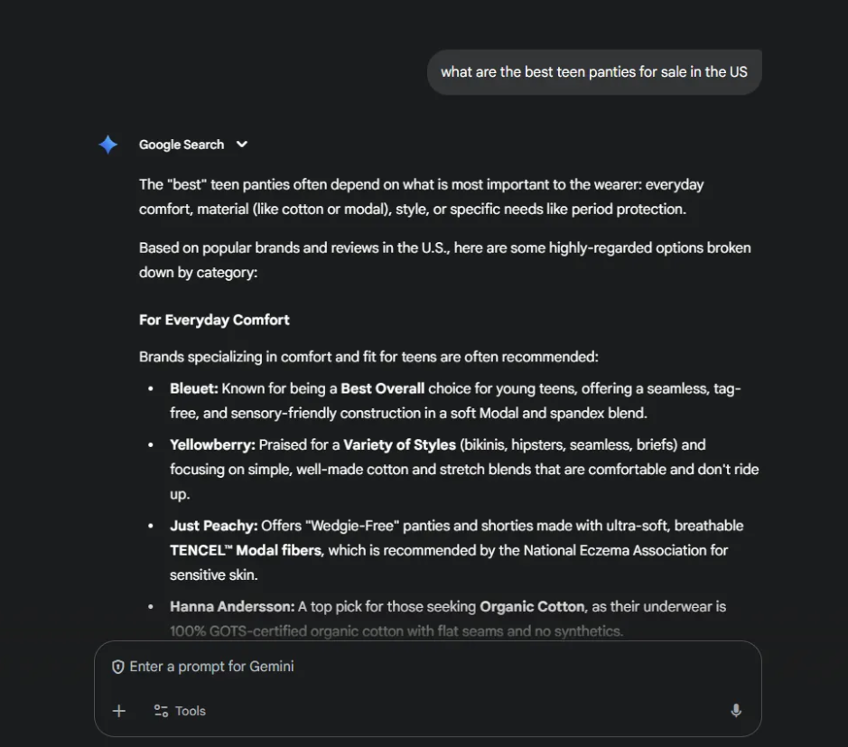 Screenshot of Bleuet appearing in Gemini for relevant the search query “what are the best teen panties for sale in the US”