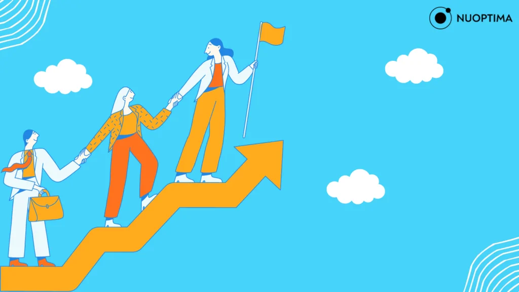 Illustration of diverse professionals climbing a growth arrow, representing teamwork and leadership in business.