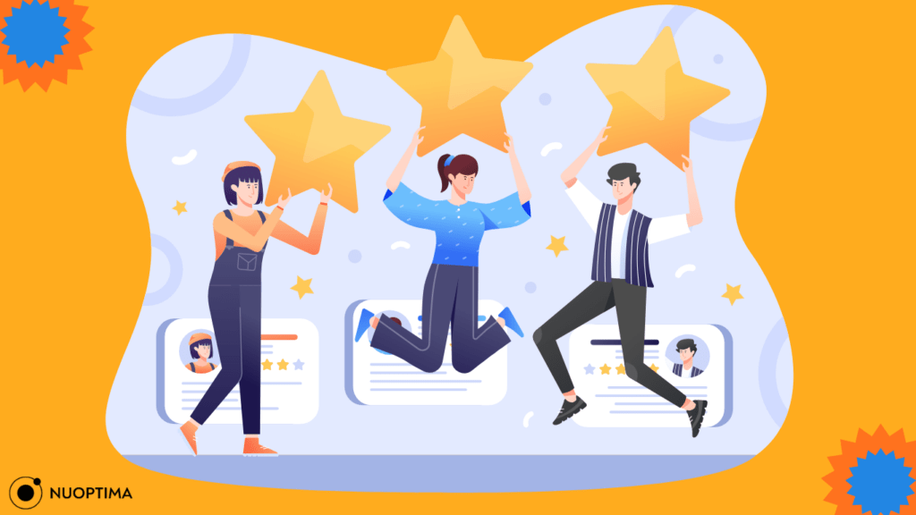 Illustration of three people jumping with stars, symbolizing success and satisfaction.