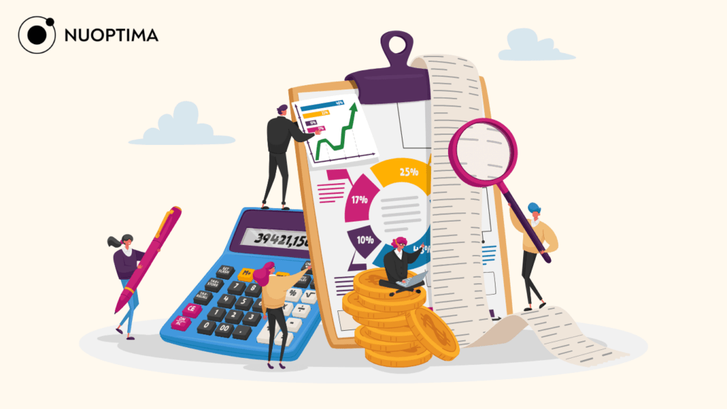 Illustration of people working with financial documents, charts, a calculator, and coins, with the NUOPTIMA logo in the corner.