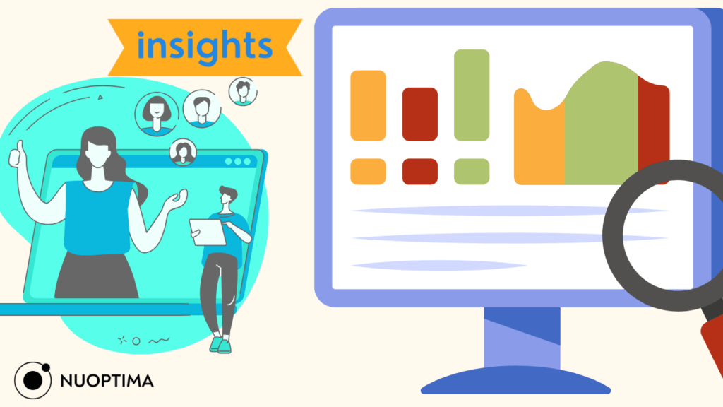 Illustration showing a person presenting on a screen with 'insights' text and a computer monitor displaying charts.