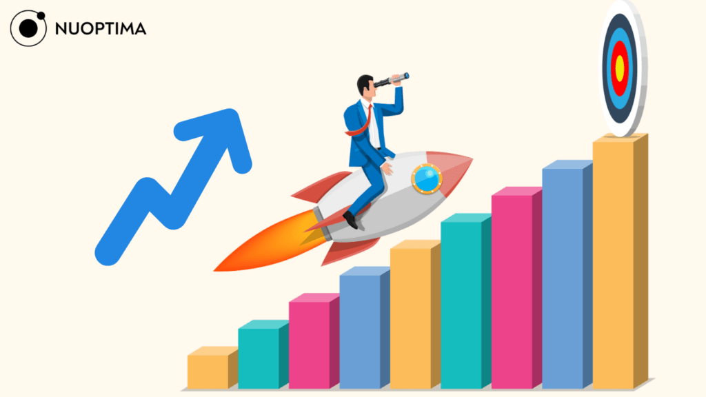 Illustration of a person riding a rocket over a rising bar graph, aiming at a target, with the NUOPTIMA logo in the corner.