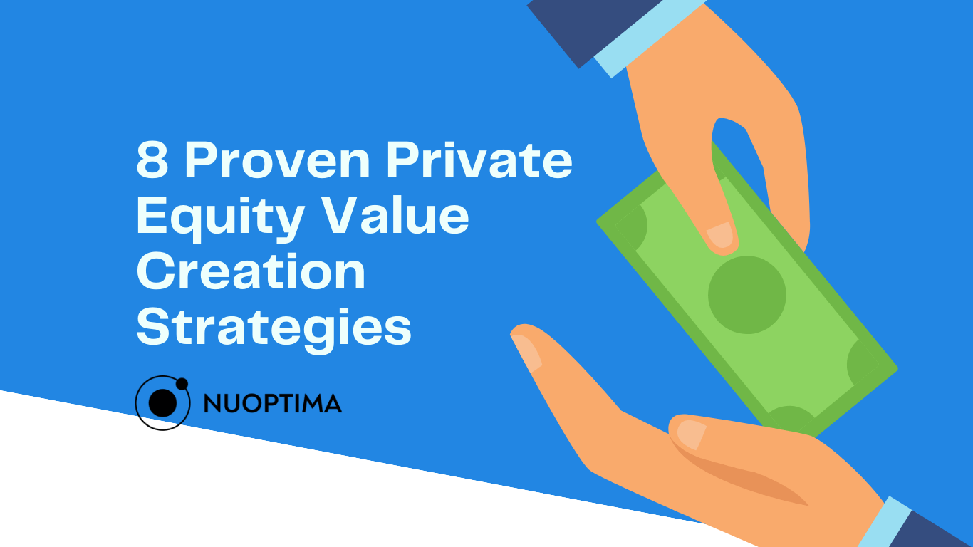 Illustration of a hand holding a stack of money with the title '8 Proven Private Equity Value Creation Strategies'.