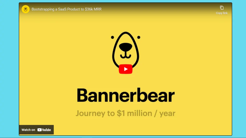 Cover des Bannerbear-Fallstudienvideos mit gelbem Hintergrund, einem einfachen Bärenlogo und dem Text: "Journey to $1 million/year