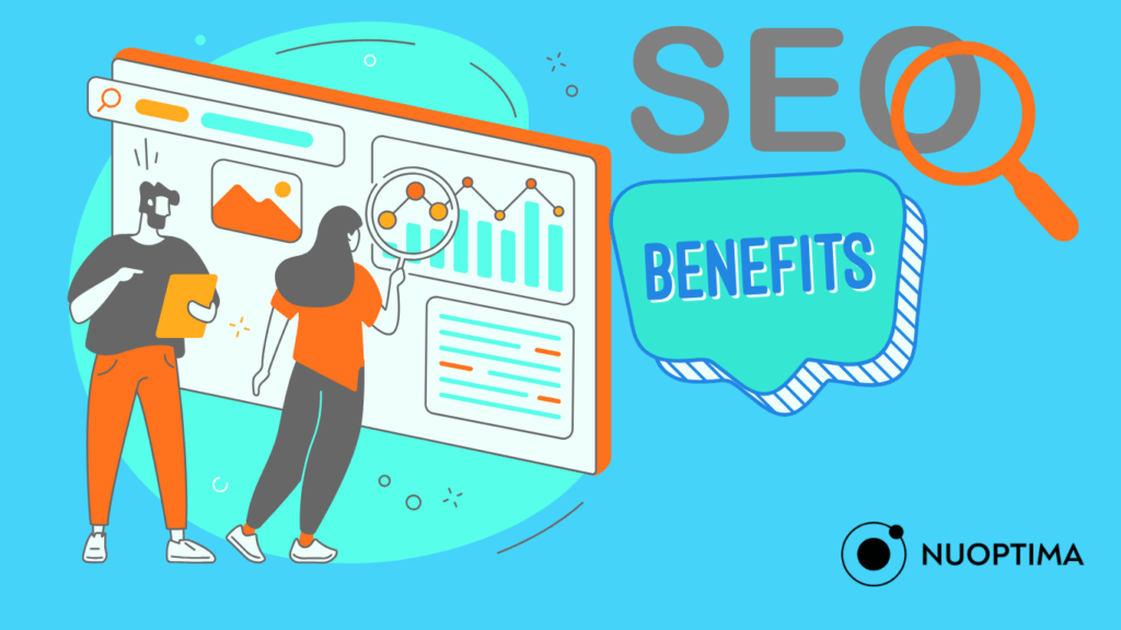 Illustration von zwei Personen, die SEO-Daten auf einem großen Bildschirm mit Diagrammen und Grafiken analysieren.