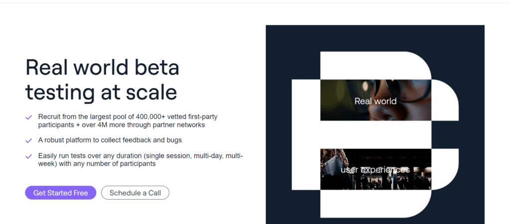 Beta testing platform promotion with text: 'Real world beta testing at scale,' and features listed like recruiting vetted first-party participants and a robust feedback platform.