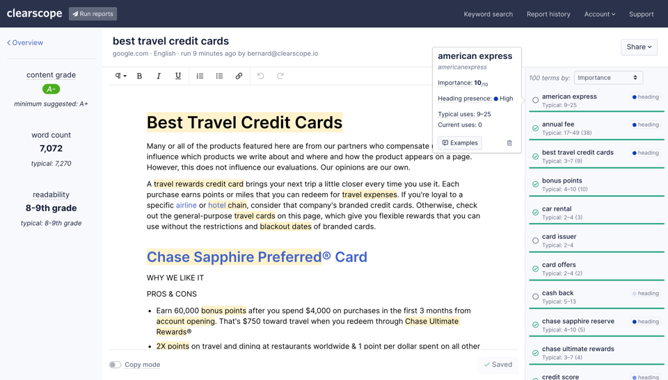 A Clearscope content optimization tool interface showing a content grade report for an article with SEO metrics such as word count, readability grade, and keyword usage.