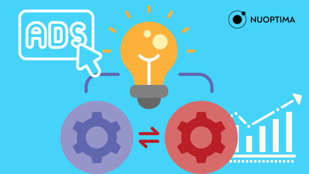 Illustration zum Konzept der digitalen Werbung mit Symbolen für Anzeigen, einer Glühbirne als Symbol für Ideen, Zahnrädern als Symbol für den Prozess und einem Diagramm, das das Wachstum zeigt.