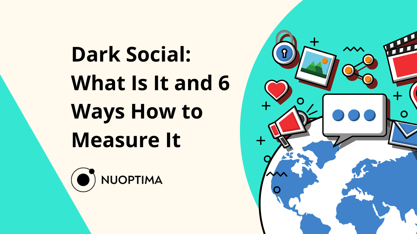 Illustration with the title 'Dark Social: What Is It and 6 Ways How to Measure It', featuring various social media icons and a world map in the background.